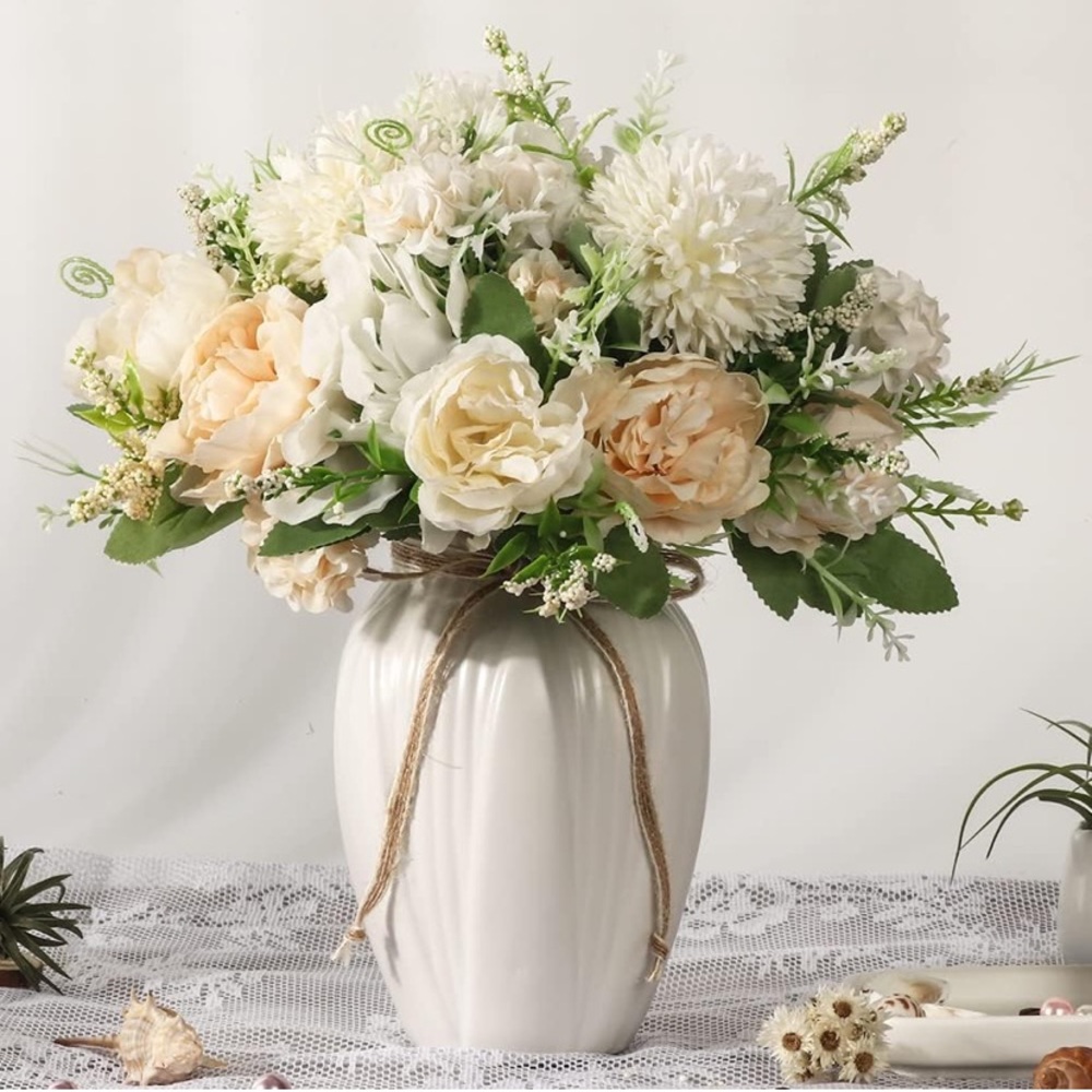 Artificial Hydrangea Silk Peony Flower Bouquet w/ Vase Arrangement(White/cream)